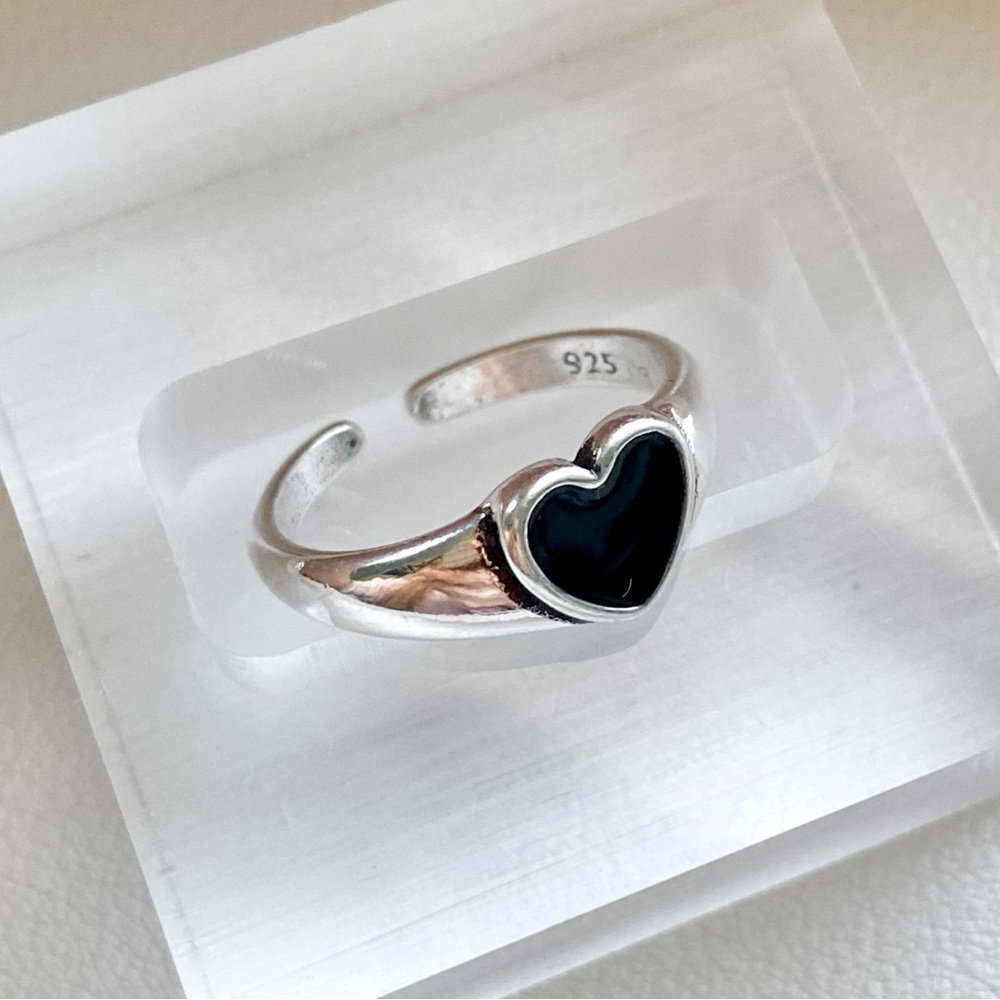 Sterling Silver Heart Ring with Black Enamel - 925